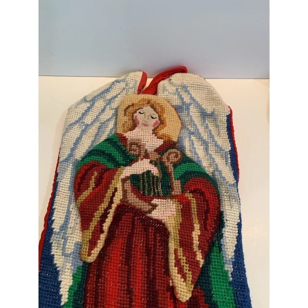 Vtg Needlepoint Christmas Stockings Red Velvet Angel Handmade Set 2 Christmas